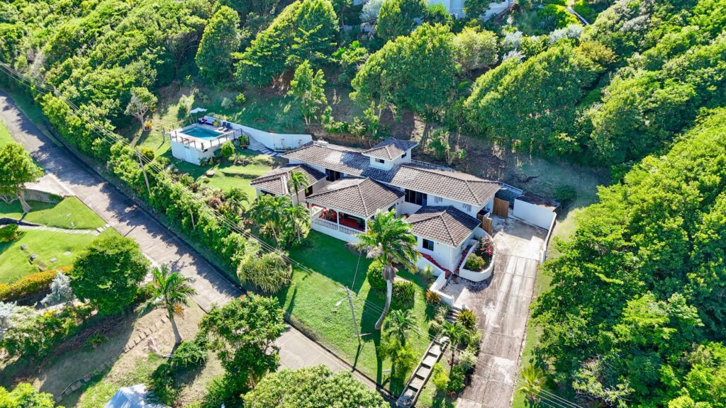 a house with a pool and trees